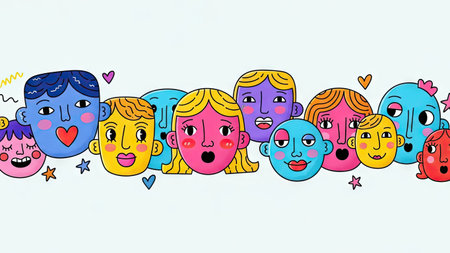 A collection of cartoon faces with diverse expressions is presented against a white backdrop. The illustration showcases a variety of skin tones and hair colors, utilizing bold outlines and bright hues. This design might be suitable for educational materials, website elements, or general design projects where a friendly aesthetic is desired.の素材