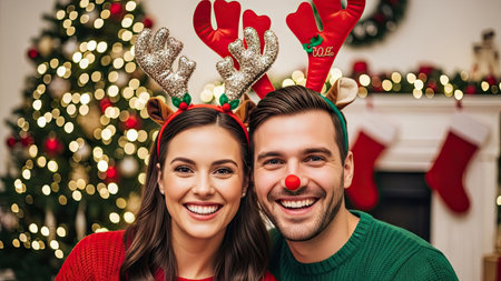 A smiling couple is depicted wearing festive reindeer antlers, against a backdrop of a decorated Christmas tree and fireplace. The composition features vibrant colors, suggesting a joyful atmosphere. This image is suitable for various commercial purposes, including holiday promotions and lifestyle content. It conveys a sense of celebration and togetherness.の素材