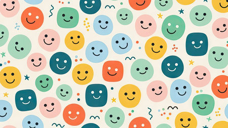 This image presents a repeating pattern of smiley faces in various colors. The design features a flat, cartoon style with simple shapes and a bright color palette. The composition appears suitable for backgrounds or surface designs. This image could be used for various commercial or editorial purposes, especially where a cheerful aesthetic is needed.の素材