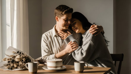 Two people are embracing at a table indoors. A cake and coffee cups sit on the table, next to a bouquet of flowers and window. The composition features soft lighting with a warm color palette. This image is suitable for various commercial uses, including lifestyle and romantic themes.の素材