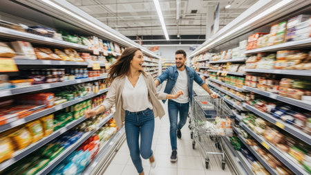 A blurred image captures a couple running down a supermarket aisle. The scene is filled with a variety of colorful products. The composition shows dynamic movement, implying energy and joy. This image could be used for advertising, editorial, or content marketing materials.の素材
