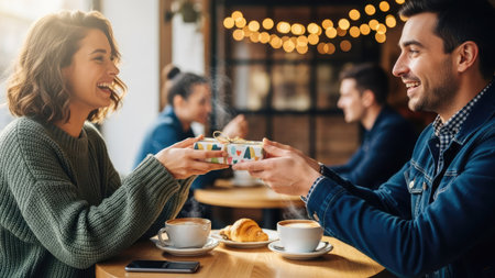 A man and woman are depicted in a cafe setting, exchanging a gift box. The scene includes cups of coffee and pastries, suggesting a casual meeting. Warm lighting and a blurred background enhance the intimate atmosphere. This image is suitable for various commercial uses, including promotional materials or editorial content.の素材