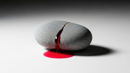 An image showcases a grey, textured stone with a visible crack from which red liquid is spilling onto a white surface. The composition uses a strong overhead light, highlighting the textures and colors. This could be useful for conceptual projects, editorial illustrations, or design elements requiring symbolic imagery.の素材