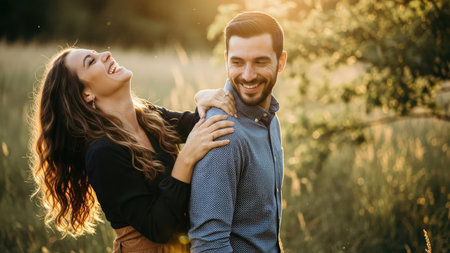 A couple is embracing in a bright outdoor setting, enjoying a moment of happiness. Sunlight illuminates the scene, highlighting their expressions and clothing. The composition and style suggest potential uses in commercial or editorial projects. The image captures a moment of connection in a natural environment.の素材