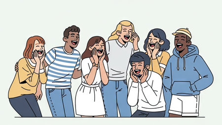 A diverse group of individuals is depicted in an illustration, sharing hearty laughter. The style features flat design with simple lines and bright colors. The composition focuses on the emotion of joy, suitable for illustrations related to community, happiness, or social gatherings. This image may be used for various commercial or editorial applications.の素材