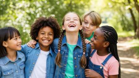 A diverse group of children share a joyful moment outdoors. They are smiling and laughing, creating a positive and heartwarming scene. The composition features soft natural lighting and a blurred background suggesting a park or outdoor setting. This image could be used for various commercial or editorial purposes, promoting themes of friendship and happiness.の素材