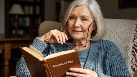 An older woman is seated, absorbed in reading a book in a cozy indoor setting. The image displays warm lighting and a soft focus, highlighting a relaxed posture. This scene could be used to illustrate themes of retirement, leisure, education, or portray concepts like comfort or contemplation in various commercial applications.の素材