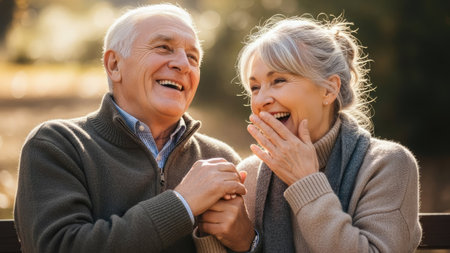 An elderly couple is laughing joyfully, holding hands in an outdoor setting. The image showcases soft sunlight, highlighting their expressions and connection. The composition suggests warmth and togetherness, suitable for various editorial and commercial applications. The photograph emphasizes human connection and shared experiences.の素材