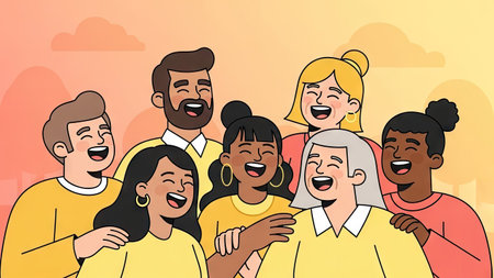 This vector illustration depicts a diverse group of people joyfully laughing and embracing. The image features a warm color palette with soft textures and a flat design style. The composition suggests a friendly environment, suitable for various editorial and commercial applications.の素材