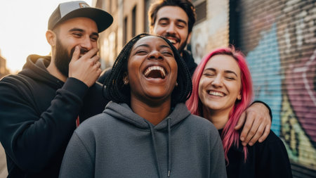 A diverse group of young adults are captured in a moment of genuine laughter, set against a blurred background. The image showcases varied skin tones and hair colors, framed by a brick wall with graffiti. The composition utilizes natural lighting, suggesting an outdoor setting suitable for various commercial and editorial applications.の素材