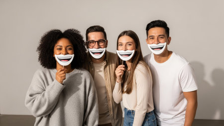 A diverse group of people hold up smile masks in front of their faces against a neutral background. The composition features a variety of skin tones and clothing styles. The scene suggests themes of happiness, joy, and artificiality, suitable for various editorial and commercial applications. The lighting appears soft and even.の素材