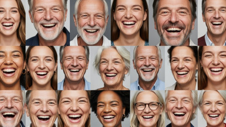 This image presents a grid of diverse individuals with beaming smiles, showcasing various ages and ethnicities. The composition is brightly lit with a neutral background, emphasizing facial expressions and a sense of shared joy. Suitable for commercial projects emphasizing positivity and emotional well-being.の素材