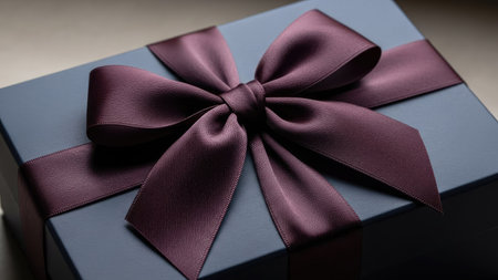 A dark blue gift box is adorned with a rich burgundy satin ribbon tied into a delicate bow. The textures of the box and ribbon contrast, hinting at an indoor setting. The composition is likely for commercial and editorial purposes, offering a sense of anticipation and celebration.の素材