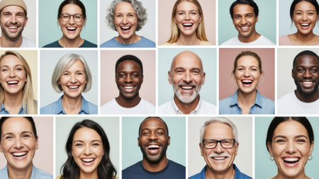 This image presents a grid of diverse individuals, all smiling. Various faces with different skin tones, ages and hairstyles are visible. The composition suggests a studio setting with soft lighting. Ideal for themes involving diversity, inclusion, and positive emotions. Suitable for a variety of commercial and editorial applications.の素材