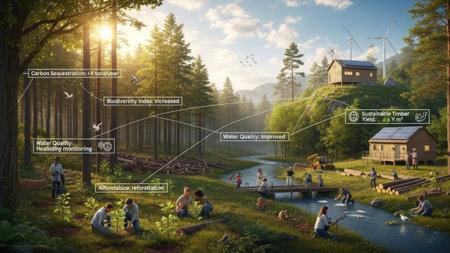 This image depicts an eco-conscious community engaged in various outdoor activities within a lush forest environment. The scene showcases sustainable practices, with people interacting near a stream and in wooded areas. The composition features vibrant colors, natural lighting, and a focus on environmental awareness, suitable for editorial and commercial applications.の素材