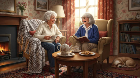 Two senior women are seated in a warmly lit living room, engaged in conversation while enjoying tea and cookies. The scene features soft lighting, comfortable seating, and homey decor. This image is suitable for various commercial uses, illustrating themes of friendship, leisure, and senior living.の素材