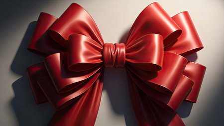 A close-up view of a large, vibrant red bow, likely made of satin or a similar material, dominates the composition. Its folds and curves create depth, while the lighting enhances the glossy texture. This imagery could be used for various projects related to holidays, gifts, or special events, suitable for design and marketing.の素材