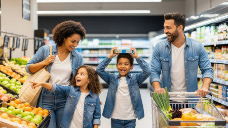 A diverse family is depicted shopping in a well-lit supermarket, selecting fresh produce and other groceries. The scene displays a mix of colorful fruits and vegetables, and other products. The setting suggests an indoor environment, possibly for use in editorial content or commercial projects related to shopping.の素材