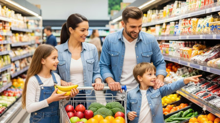 A family of four shops for groceries in a brightly lit supermarket. They are examining fresh fruits and vegetables in the cart. The scene showcases a range of colorful produce, conveying a sense of health and well-being. This image could be used for advertising, editorial content, or illustrating themes of family life and healthy eating.の素材
