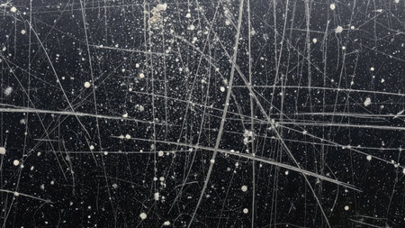 An abstract background presents a dark surface marked with numerous intersecting lines and scattered white splatter. The texture suggests a worn or aged appearance. The visual elements could be useful for designs needing a grunge, industrial, or artistic aesthetic. This could be used in various commercial or editorial projects.の素材