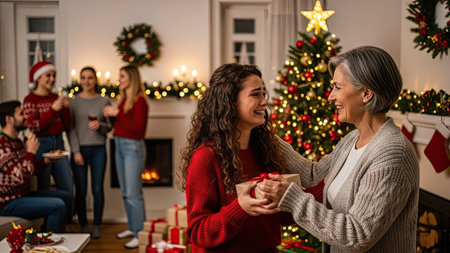 A family gathers indoors to exchange gifts, celebrating a festive occasion. The scene features a decorated Christmas tree with lights and ornaments. The warm lighting illuminates the individuals and the room with cozy ambiance. This image is suitable for various commercial uses, including holiday promotions and lifestyle content.の素材