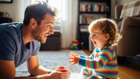 A man and a toddler are interacting and laughing. The scene is illuminated by natural light, creating a warm ambiance. The composition features a close-up perspective emphasizing their expressions. This image could be used for various commercial purposes related to family, happiness, and lifestyle.の素材