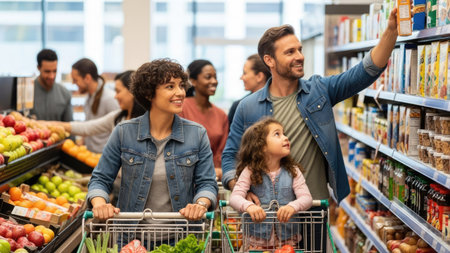 A diverse family browses grocery shelves in a well-stocked supermarket. The composition features various products and several people. The scene is brightly lit with overhead lighting. This image could be suitable for editorial content, advertising materials, or visual representations of consumerism.の素材