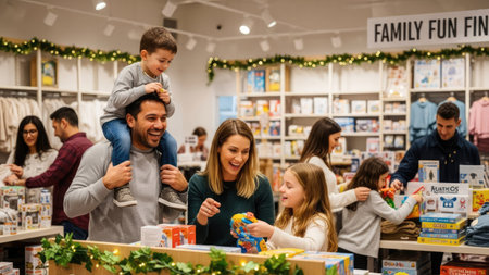 A diverse family is captured enjoying a shopping experience in a retail setting. The photograph showcases individuals in various activities, from examining merchandise to interacting with each other. The composition features a bright and inviting atmosphere, suitable for commercial or editorial applications, highlighting consumerism and seasonal events.の素材