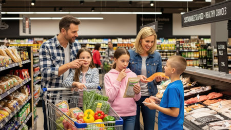 A family is depicted in a well-stocked grocery store, interacting near shelves filled with fresh produce. The scene showcases natural lighting and a clean, organized environment. The family is engaged, suggesting an activity. This image could be used to illustrate themes related to shopping, lifestyle, and consumerism.の素材