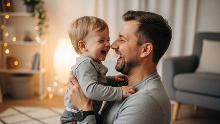 A man holds and laughs with a toddler in an indoor setting. The image features soft lighting and a blurred background. Colors are muted with the focus on the pair. This image is suitable for various commercial uses, including advertisements, articles, or website content.の素材