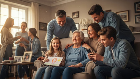 A multigenerational family is gathered inside a home, sharing moments. The image features individuals of varying ages, dressed in casual clothing. The composition is well-lit, suggesting daytime. This scene could be used to illustrate concepts related to family, relationships, and daily life for commercial purposes.の素材