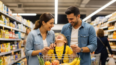A family of three is seen smiling while shopping in a supermarket. The image showcases a man, a woman, and a child in a shopping cart. The scene is illuminated by overhead lighting, and shelves are filled with products. This image could be used for lifestyle, family-oriented content, or general commercial purposes.の素材