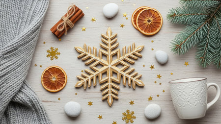 An overhead view reveals a holiday arrangement featuring a golden snowflake, cinnamon sticks, orange slices, and scattered star confetti. A warm color palette of oranges, browns, and golds contrasts against white elements. This composition is arranged on a light-colored wooden surface, suggesting festive seasonal uses.の素材