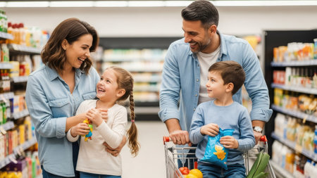 A family of four enjoys a shopping trip inside a brightly lit supermarket. The scene depicts a mother, father, and two children selecting items and laughing together. The composition includes colorful products displayed on shelves, suggesting a consumer environment. This image is suitable for advertising and lifestyle content.の素材