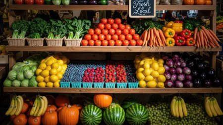 An assortment of fresh fruits and vegetables arranged on wooden shelves creates a vibrant display. The image showcases a variety of colors, textures, and shapes of produce. The composition suggests an indoor market setting, likely during the day. The scene could be suitable for commercial use related to healthy eating or local food sources.の素材