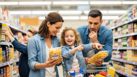 A family of four shops for groceries, selecting items from brightly lit supermarket shelves. The scene displays various packaged goods. The composition uses balanced lighting and showcases a wide range of colors. This image is suitable for illustrating consumerism, retail, and lifestyle concepts in editorial or promotional contexts.の素材
