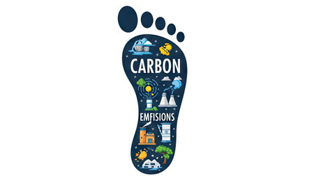 This illustration depicts a carbon footprint graphic filled with various environmental elements. The image uses vibrant colors and a clean style. It features an array of symbols suggesting industrial activity, natural elements, and scientific concepts. The composition may be suitable for educational materials or commercial design projects.の素材