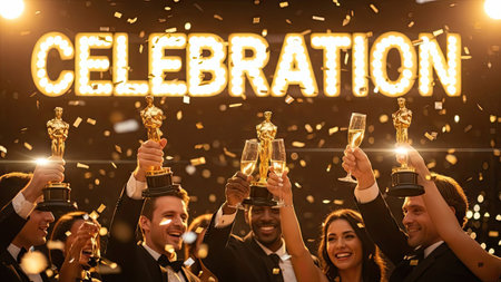 An image captures a celebratory moment with people holding trophies and glasses. The scene is illuminated by warm, golden lighting. The composition suggests an awards ceremony or event. This image could be used for various commercial or editorial purposes.の素材