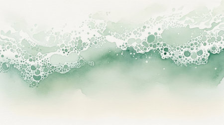 An abstract watercolor background features a seafoam texture with numerous bubbles. The composition uses soft greens and whites, suggesting a marine environment. This artistic element could be utilized for various design projects, including website design, print materials, or decorative art.の素材
