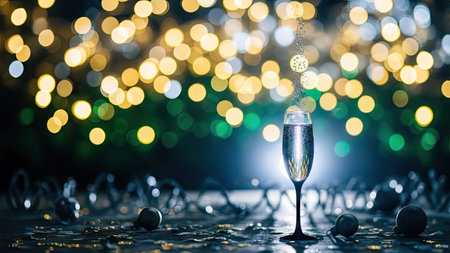 A champagne glass is the central focus of this image, positioned against a background of blurred lights. The composition exhibits a celebratory atmosphere, utilizing a shallow depth of field. The image is suitable for promotional materials or editorial content, suggesting festivities and special occasions.の素材