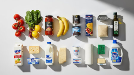 An overhead shot displays an assortment of grocery items and everyday essentials. Various foods and household products are arranged against a bright, neutral backdrop. The composition features a mix of colors and textures, possibly suitable for promotional materials or editorial content related to food, shopping, and household needs.の素材