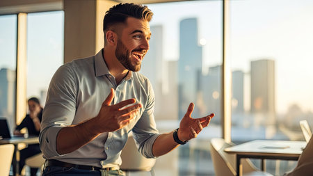 A man in a button-down shirt is speaking animatedly, gesturing with his hands. He is set against the backdrop of an office environment with large windows that provide plenty of natural light. This image, with its composition and focus, could be useful for business and lifestyle content.の素材