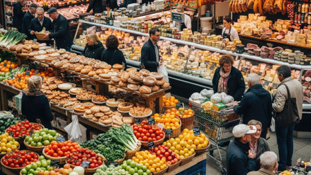 A bustling marketplace showcases a variety of fresh produce, baked goods, and prepared foods. The scene is filled with people browsing and interacting. The composition features a wide perspective, with natural lighting illuminating the diverse array of products. This image is suitable for illustrating themes related to food, commerce, and daily life.の素材