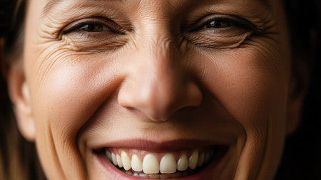 A close-up shot captures a smiling face, emphasizing the details of expression. The composition focuses on the eyes, mouth and skin texture. The lighting appears soft, accentuating the natural skin tones. This image could be suitable for editorial content or various commercial applications, such as representing joy or positivity.の素材
