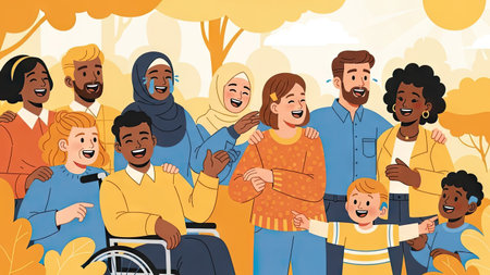 This illustration depicts a diverse group of people smiling. The image is rendered in a colorful, flat vector style. The composition includes multiple individuals of varying ages and ethnicities, set against a blurred background suggesting an outdoor environment. Suitable for editorial and commercial use.の素材