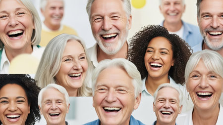 A composite image displays a large group of people from various backgrounds, all smiling and laughing. The individuals showcase different ethnicities, age groups, and appearances. The image utilizes natural lighting, emphasizing the expressions. It is suitable for commercial uses related to health, happiness, and community.の素材
