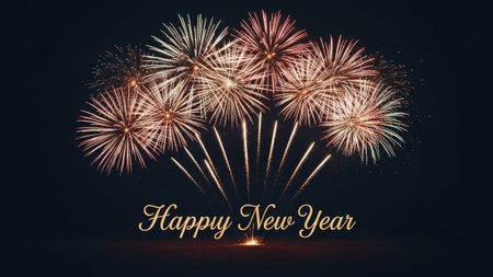 A vibrant fireworks display explodes in the night sky. The image features radiating bursts of light, showcasing colors against a dark background. The scene suggests a celebration, with potential uses in commercial advertising, festive greeting cards, and editorial content related to events and holidays.の素材