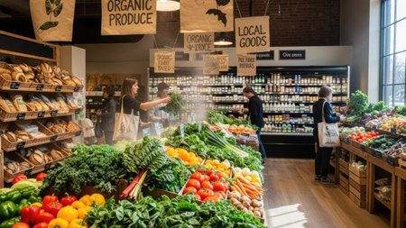 A vibrant grocery store scene features various fresh fruits and vegetables. Displays showcase an array of colorful produce, from leafy greens to root vegetables. Shoppers browse the selection under warm lighting. This image could be used for illustrating healthy eating, food retail, or marketing campaigns.の素材