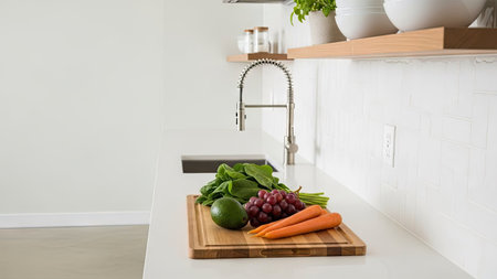 A close-up shot captures a variety of fresh produce displayed on a wooden cutting board, next to a silver faucet. The scene showcases vibrant green spinach, avocado, grapes, and carrots against a white countertop. This indoor composition with natural lighting is suitable for culinary, health, and lifestyle content.の素材