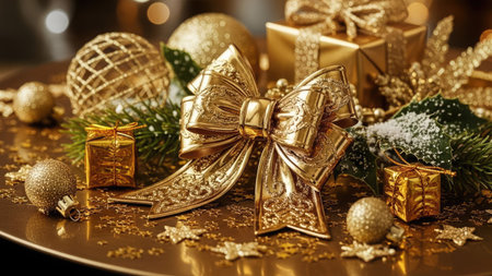 A collection of golden ornaments and wrapped presents is artfully arranged. The image showcases a festive golden bow with intricate details, complemented by spherical baubles and miniature gift boxes. The composition uses warm lighting and textures creating an inviting setting, suitable for various celebratory uses.の素材
